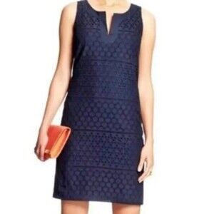 Banana Republic Lined Eyelet Shift Dress with V-neck, Navy Blue, Size 14